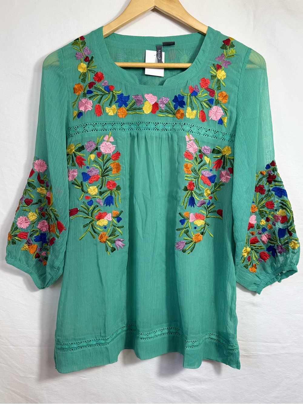 Anu mint green, Vintage-style Embroidered Boho Peasant Blouse